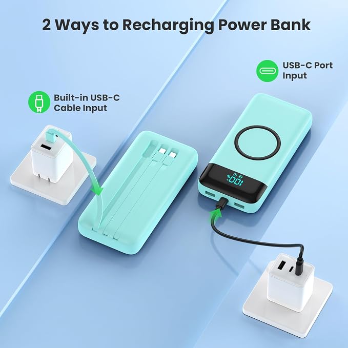 Wireless Portable Charger 40800mAh for iPhone with 3 Built-in Cables,7-in-1 15W Wireless Charging USB C Power Bank,25W PD Fast Charging Travel Essential Battery Pack for iPhone 17/16/15,Android-Green
