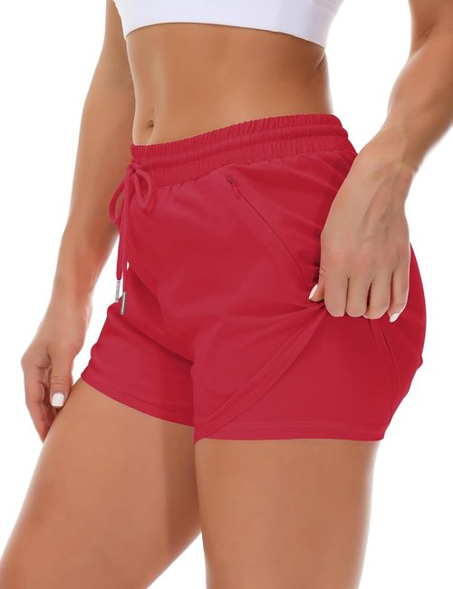 Mancreda Women's Running Shorts - Elastic Athletic Gym Shorts with 3 Zipper Pockets | Comfortable Liner