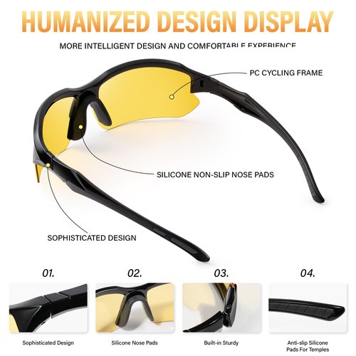 DioKiw 3PACK Polarized Night Vision Glasses for Men Driving Cycling Sport Night Anti Glare Yellow Lens Glasses Lightweight Frame