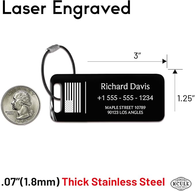 Personalized Luggage Tags for Suitcases 4 Pack - Stainless Steel Custom Luggage Tags for Backpacks & Bags, Sturdy, Waterproof & Heavy Duty (Black / 3" x 1.25")