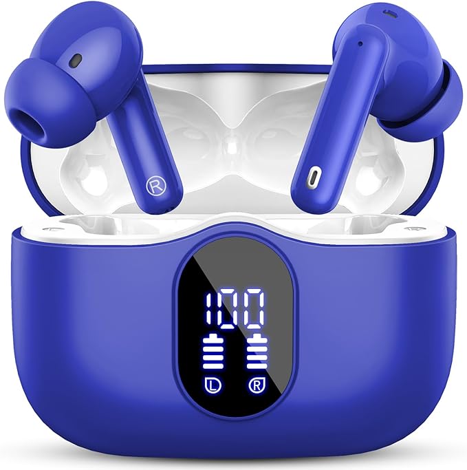 Wireless Earbuds, Bluetooth 5.4 Headphones Bass Stereo/Clear Calls, Blue | Ear Buds with Noise Cancelling Mic LED Display in Ear Earphones IP7 Waterproof 36H Bluetooth Earbuds for Phones/Sport/Laptop