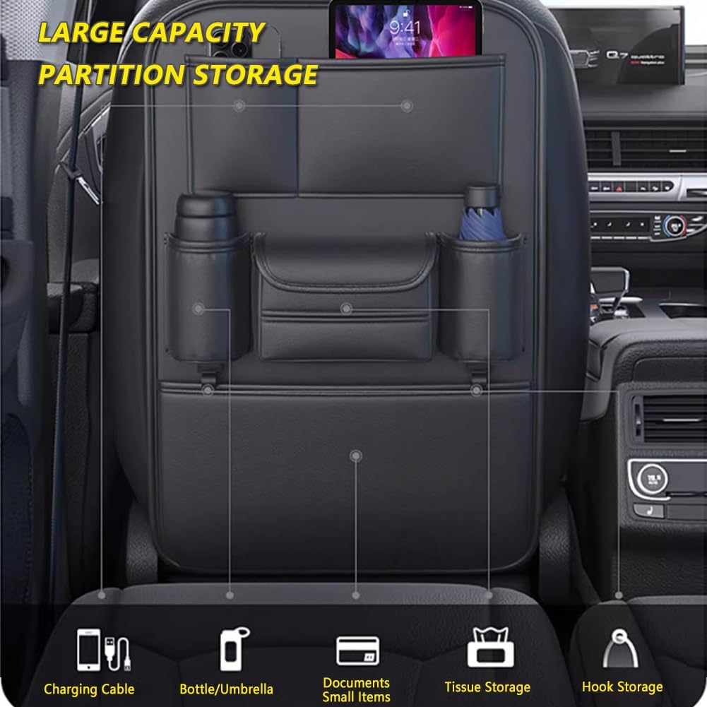 Tumecos Car Backseat Storage Bag,Seat Back Organizer with Tissue Box,Multifunctional Kick Mat,Backseat Protector Cover Pad,Large Capacity Seat Back Storage Hanging Bag(Style A)
