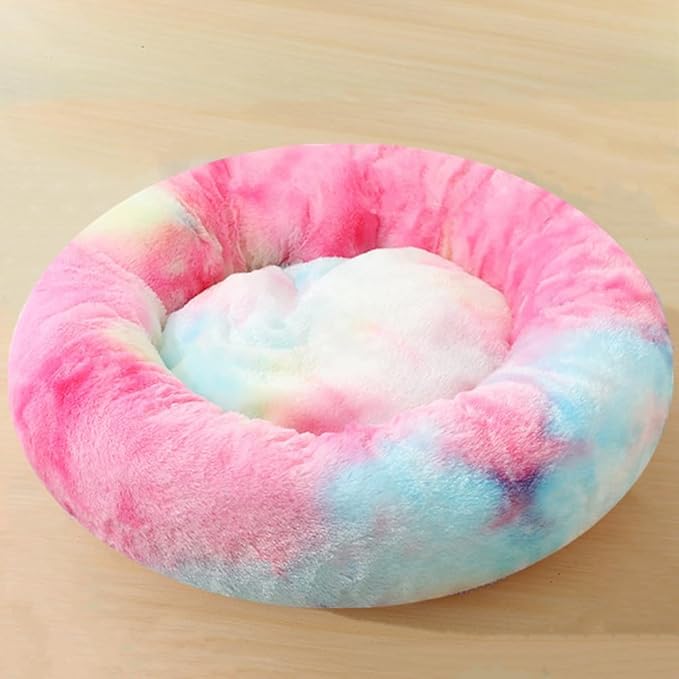 Calming Small Dog Bed Cat Bed, 20 Inch Donut Fluffy Anti-Anxiety Round Bed Washable Cute Bed, Cuddler Warming Cozy Soft Bed, Plush Cushion Bed for Small Medium Dogs and Cats (Rainbow)