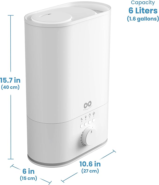 Everlasting Comfort 6L Top Fill Humidifier for Bedroom – Quiet, Easy to Fill & Clean, 60HR Runtime, Night Light, Timer, Ultrasonic Cool Mist, Auto Shut-Off, Essential Oil Compatible - White