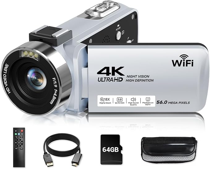 Video Camera, 4K Camcorder 56MP Digital Video Recorder 18X Zoom 3" 270°