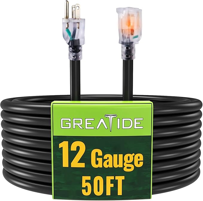 Outdoor Extension Cord with Lighted End, 12 Gauge Heavy Duty 50 FT, 3 Prong Grounded 15 Amp Extension Cord, 12/3 SJTW Waterproof Power Cord for Appliance, UL Listed, Yellow