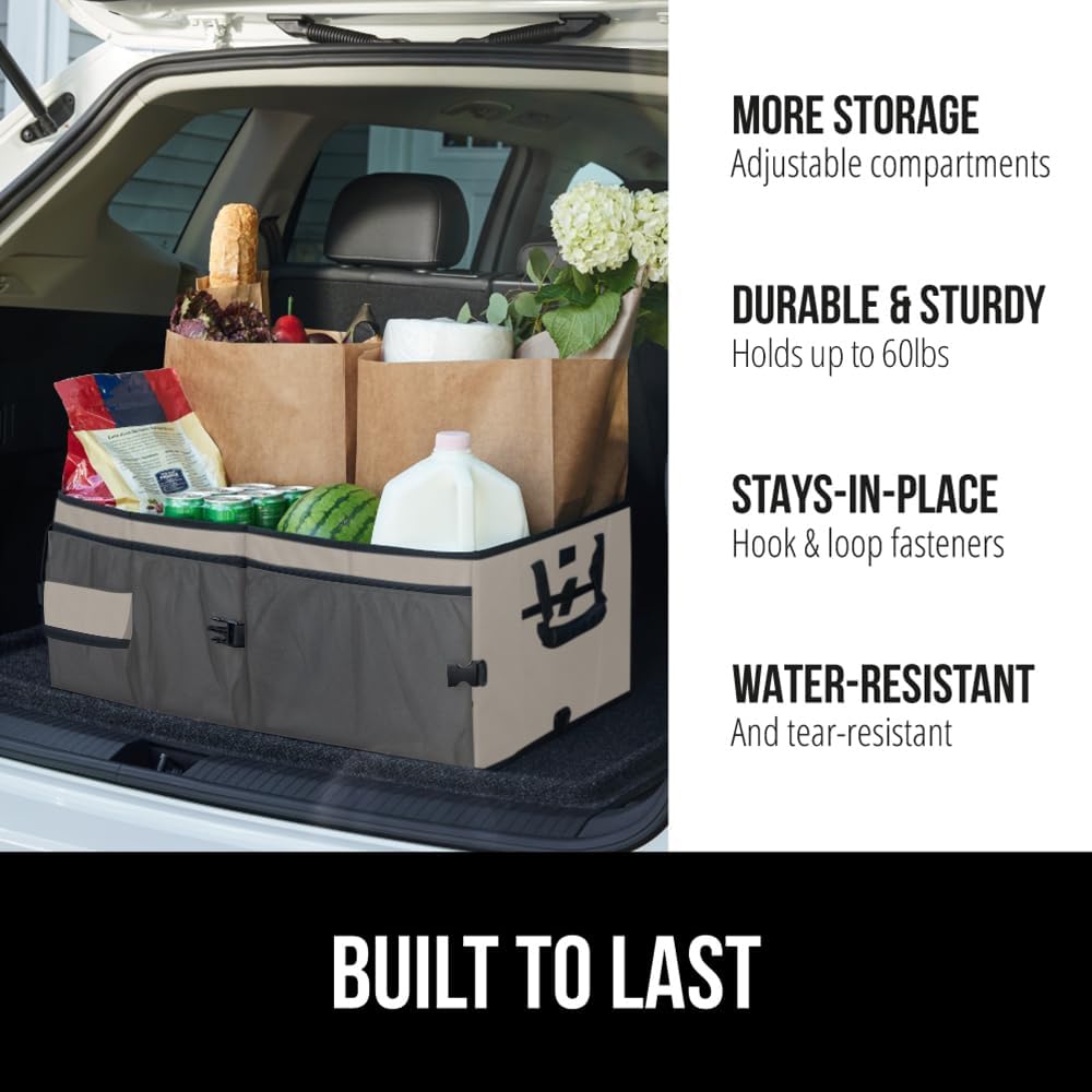 GORILLA GRIP Trunk Organizer for SUV and Cars, Large Capacity Collapsible Car Trunk Storage Organizer, Heavy Duty Car Accessories, Gifts for Mom and Dad, Slip & Water Resistant Multi Compartment Beige