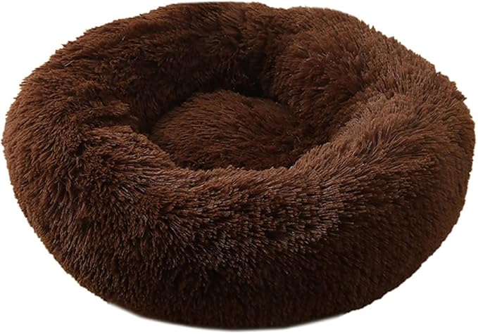 Calming Faux Fur Dog Beds Calming Donut Cuddler Dog Bed Washable Round Cat Bed Pillow Cuddler Fluffy Indoor Dog Calming Beds with Anti Slip Bottom Solid Color Coffee 21 Inch