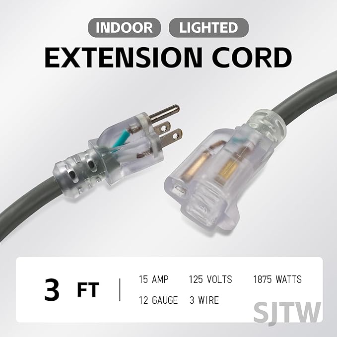 EP 3 Ft Lighted Extension Cord - 12/3 SJTW Heavy Duty Grey Extension Cable with 3 Prong Grounded Plug - Power Cord for Lawn, Garden, Appliances
