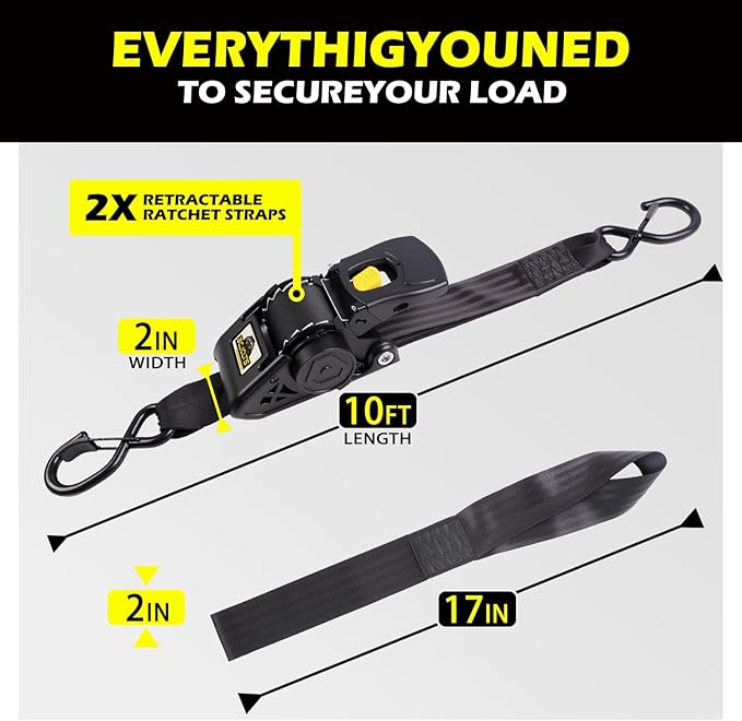 Retractable Ratchet Straps 2" x 10ft, 3,000lb Break Strength, Heavy Duty Easy Release Tie Down for Trucks, Trailers, Motorcycles, ATVs, Secure Cargo Straps