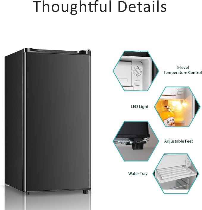 Seaoola Mini Fridge with Freezer, Single Door 3.1 Cu.Ft, Compact Mini Refrigerator, LED Light, Adjustable Thermostat, Removable Glass Shelves, Small Refrigerator for Dorm/Office/Bedroom(Black) (Black)