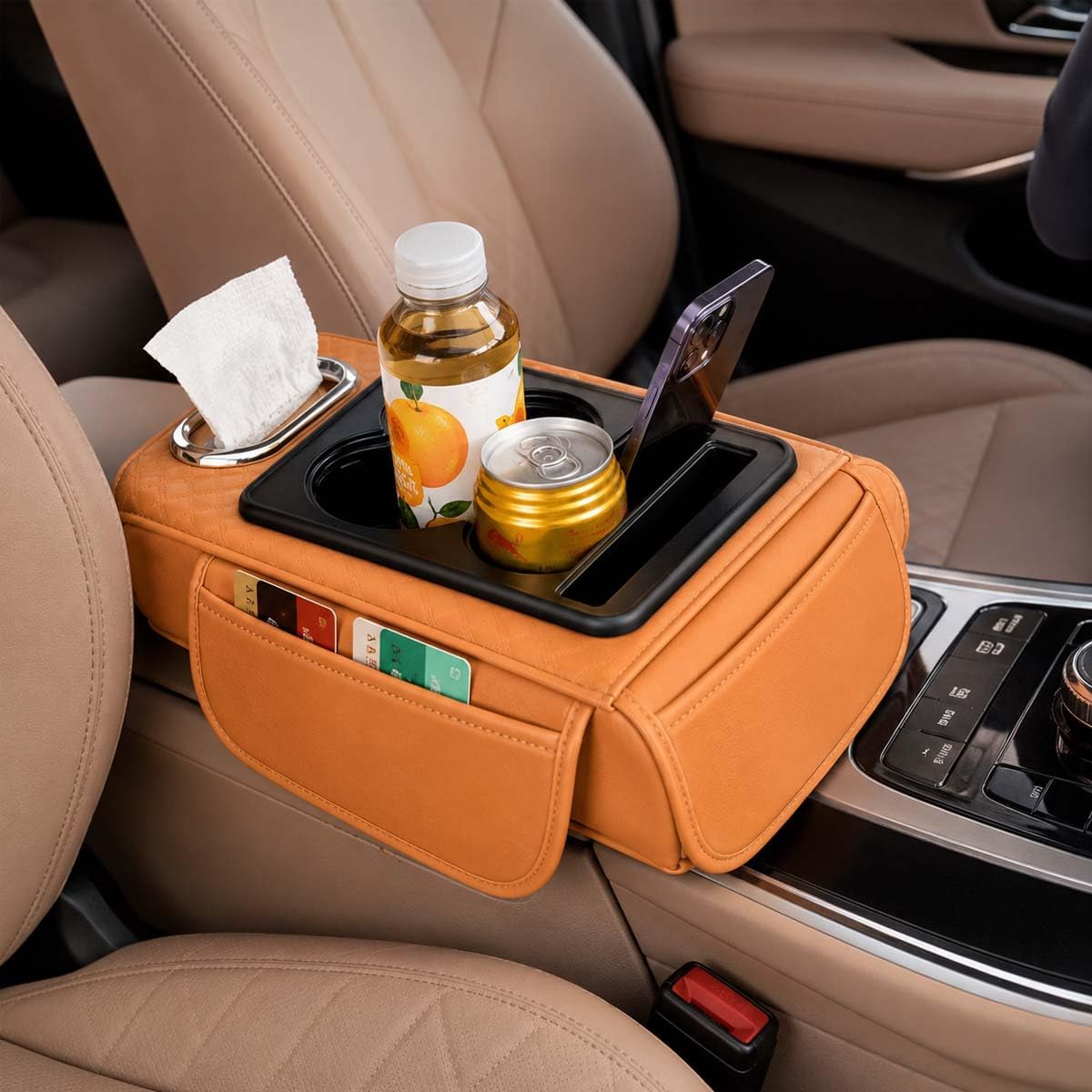 Multifunctional PU Leather Car Armrest Box Mat, 5-in-1 Center Console Cover with Cup Holder with 2 Storage Bags, Tissue Box Slot, Phone Slot for Universal Most Cars,Velcro Design (Black*A)