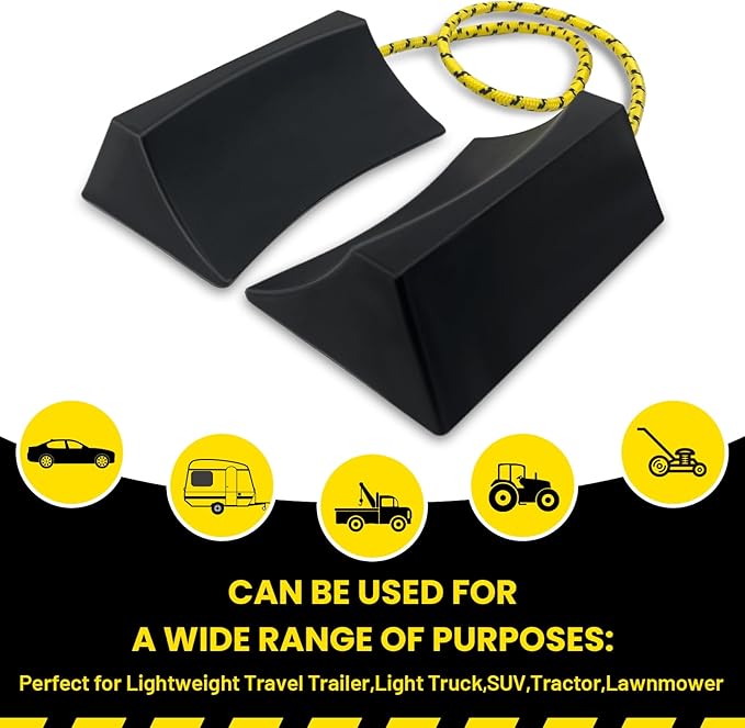 HOXWELL Dual Wheel Chocks, Light Non-Slip Wheel Stoppers with Nylon Rope Yellow Reflective Tape, Wheel Block for Lightweight Travel Trailer, Light Truck, Car, Tractor, Lawnmower 1 Pair, Black&Yellow