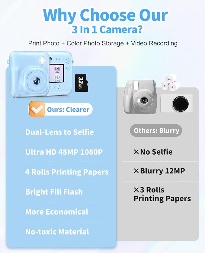 Digital Camera for Kids Instant Print, 48MP Dual-Lens Kids Camera for Girls