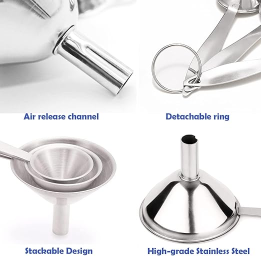 Small Funnels for Filling Bottles, 3 Pcs Stainless Steel Kitchen Funnel Set, Food Grade Mini Metal Funnel for Transferring Oil Liquid, Easy Cleaning with a Brush (Long Handle)