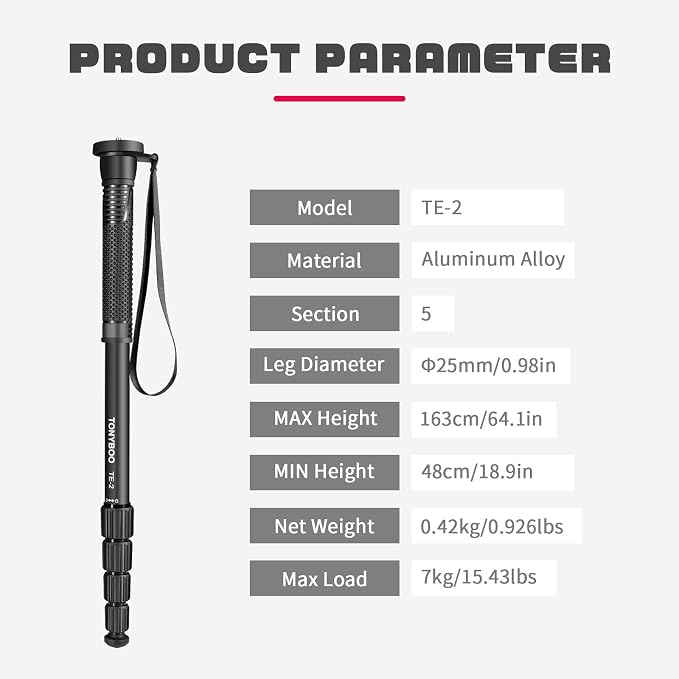 TONYBOO 65” Aluminum Camera Monopod, Lightweight & Portable, 5-Section Travel