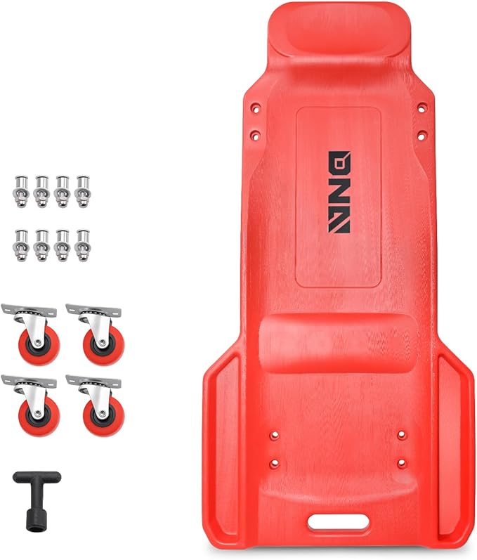 DNA Motoring 38 Inches Low Profile Plastic Rolling Garage Shop Floor Creeper with Side Pockets & 4pcs Casters, Red, TOOLS-00393