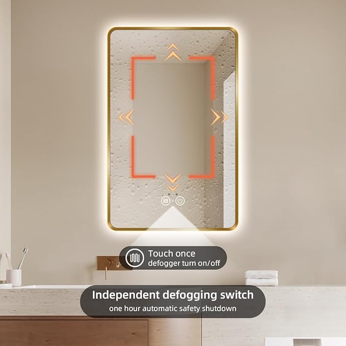 Gold LED Bathroom Mirror, 36"x28" Smart Mirror with Infrared Motion Sensor Lights, Anti Fog, Stepless Dimmable & Color Temperature Adjustment, Wall Mounted Vanity Mirror Backlit, CRI≥93