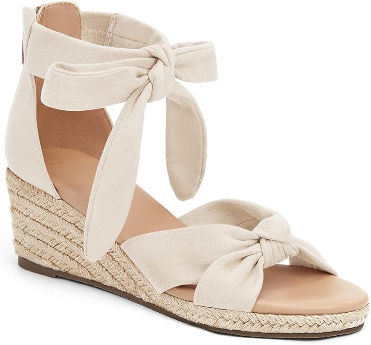 LAICIGO Womens Espadrilles Wedge Sandals Back Zipper Closure Open Toe Platform Ankle Strap Summer Dress Shoes with Bow