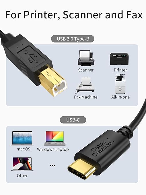 CableCreation USB B to USB C Printer Cable 6.6 FT/2Pack, USB-C to B Printer Cord