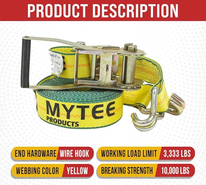 Mytee Products 2 Pack 2" x 27' Ratchet Straps with Wire Hooks 10,000 lbs Breaking Strength - Heavy Duty Cargo Tie Down Straps for Truck, Trailers, Moving Appliances, Motorcycles & Flatbed Loads