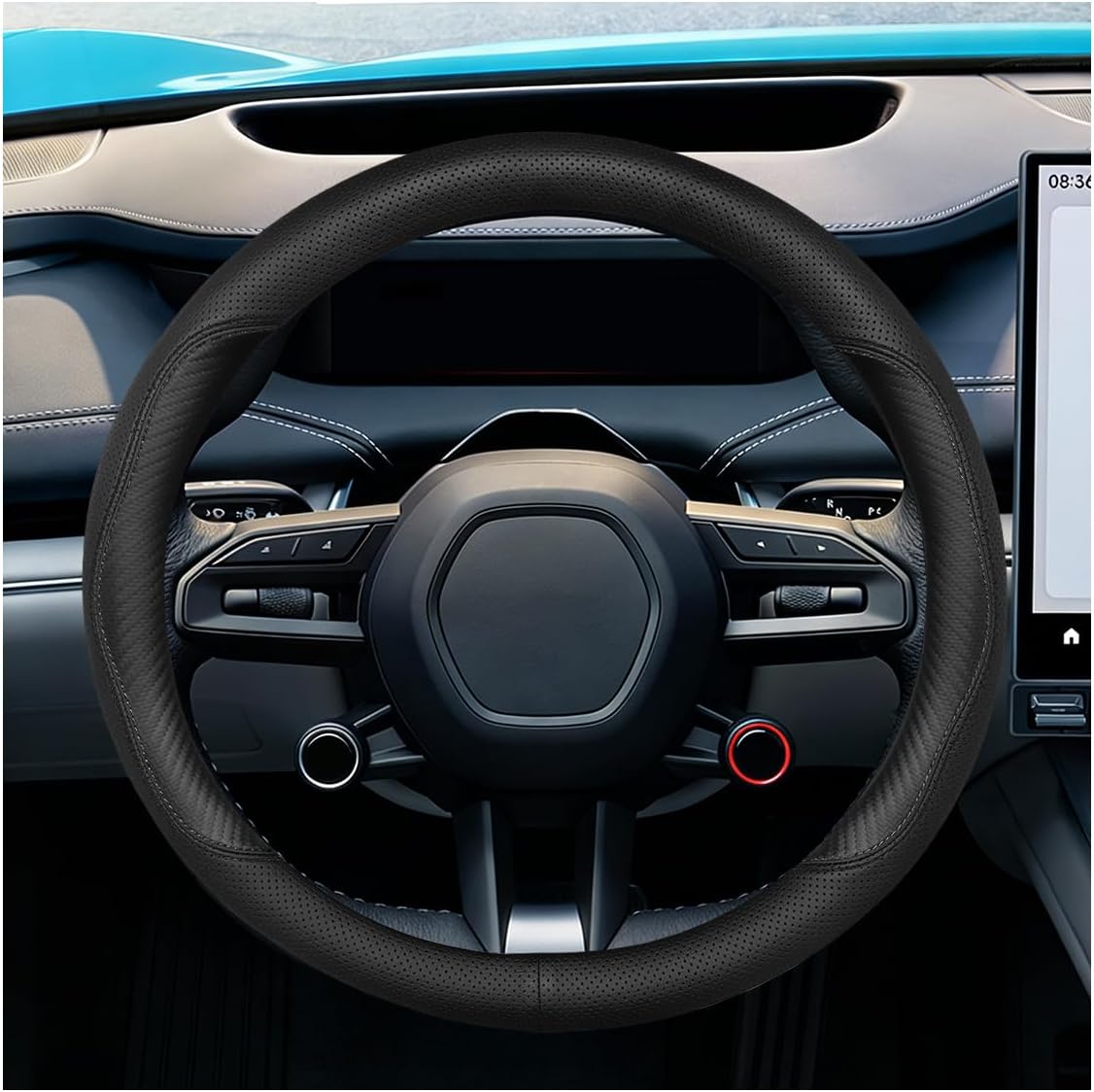 Craedli Carbon Fiber Nappa Leather Car Steering Wheel Cover 14.5-15 Inch