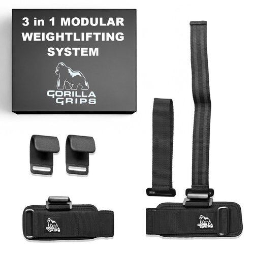 Gorilla Grips wrist wraps for weightlifting men with weight lifting hooks, wrist straps for men and women combining deadlift straps, pull up grips and modular attachments.