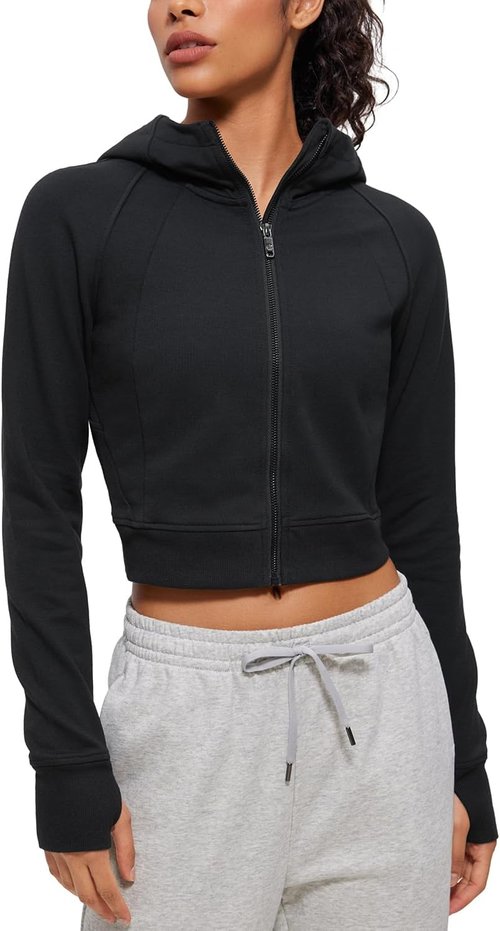 CRZ YOGA Women's Fleece Zip-Up Cropped Hoodie - Athletic Long Sleeve Jacket with Thumb Holes