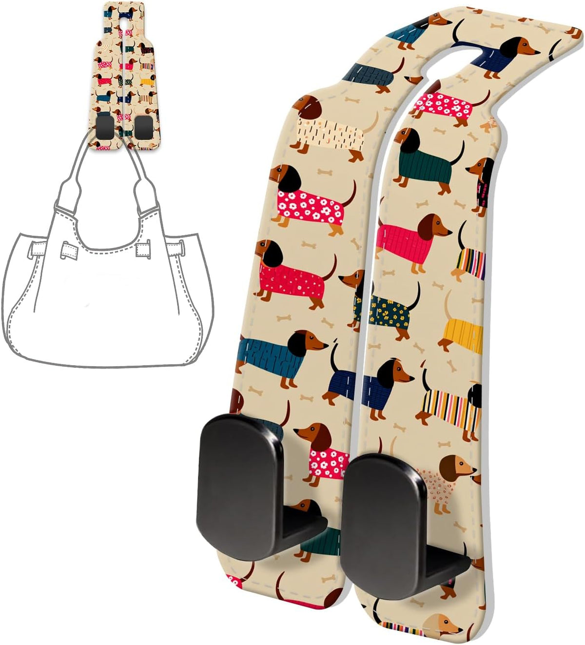 PU Leather Car Seat Hook, Storage Headrest Hanger, Cute Car Backseat Organizer, Car Hooks For Purses and Bags, Cute Dachshund