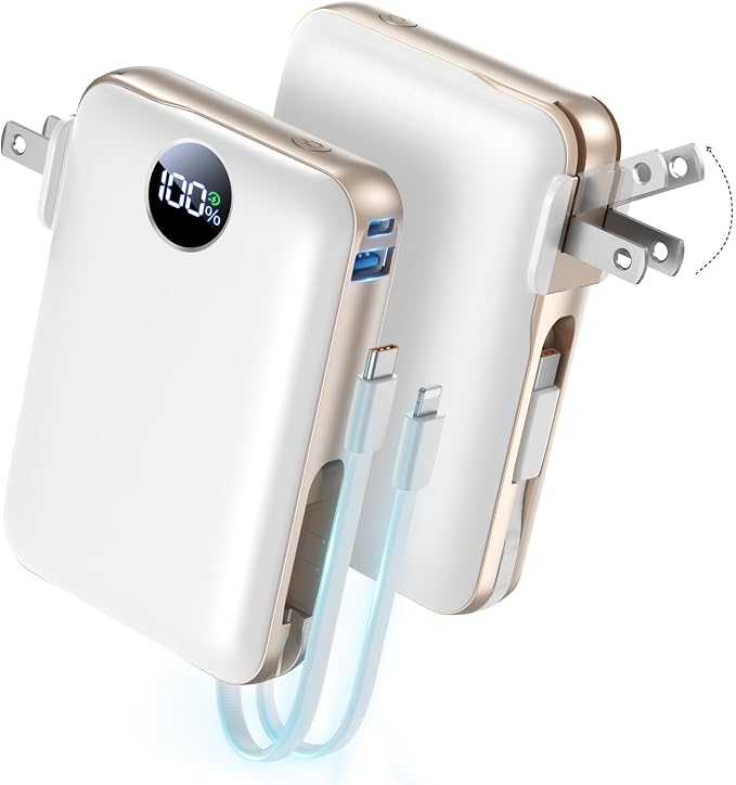 Portable Charger with Built-in Cables & Wall Plug, 10000mAh Power Bank, 4 Outputs 22.5W USB C Fast Charging, Slim Travel Battery Pack with LED Display for iPhone 17/16/15/14, White