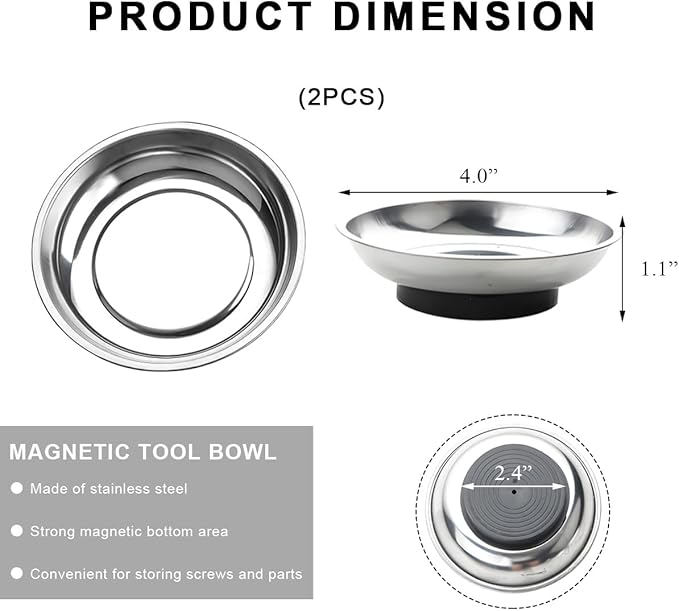 2 PCS Magnetic Parts Tray Set, Stainless Steel 4" Round Magnetic Trays, Mechanic Tool Tray Holder for Screw, Sockets, Bolts, Nuts, Small Metal Parts