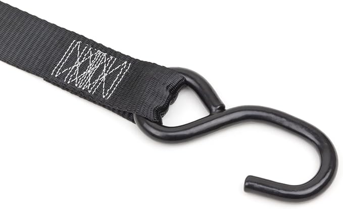 PowerTye 1.5in x 7ft Ergonomic Locking Ratchet Straps with Heavy-Duty S-Hooks - Made in USA - 1,000 lb. Working Load Limit / 3,000 lb. Breaking Strength - Black (Pair)