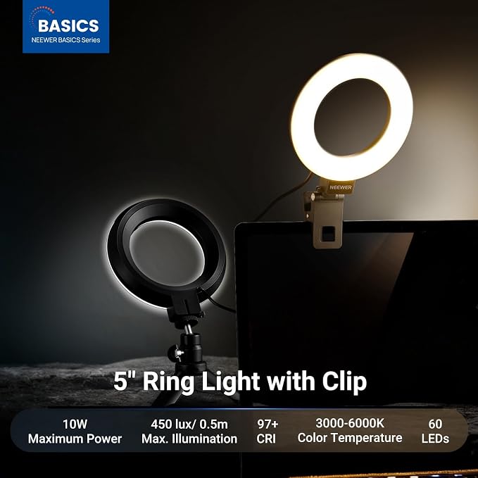 NEEWER Basic 5" Ring Light for Video Conference Lighting, Clip on Light Kit