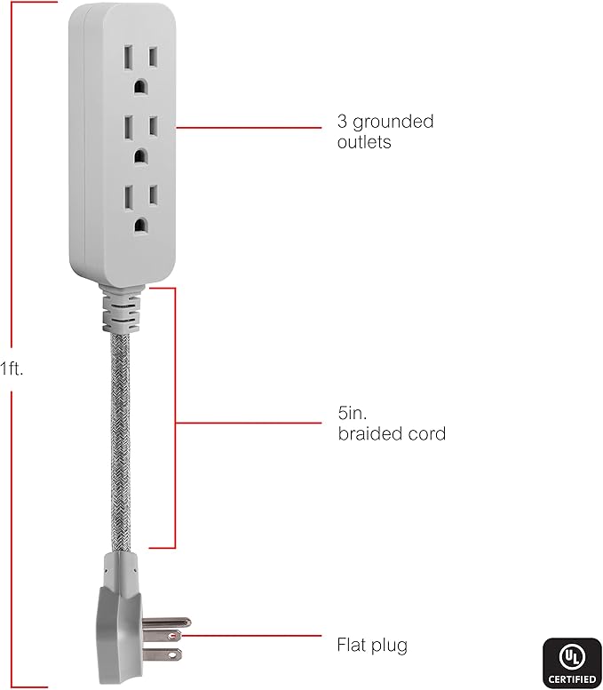 GE 3-Outlet Power Strip Mini Extension Cord with Multiple Outlets 5 Inch Braided Short Cord Extension Cord Grounded Flat Plug Extension Cord ETL Listed Gray 53199
