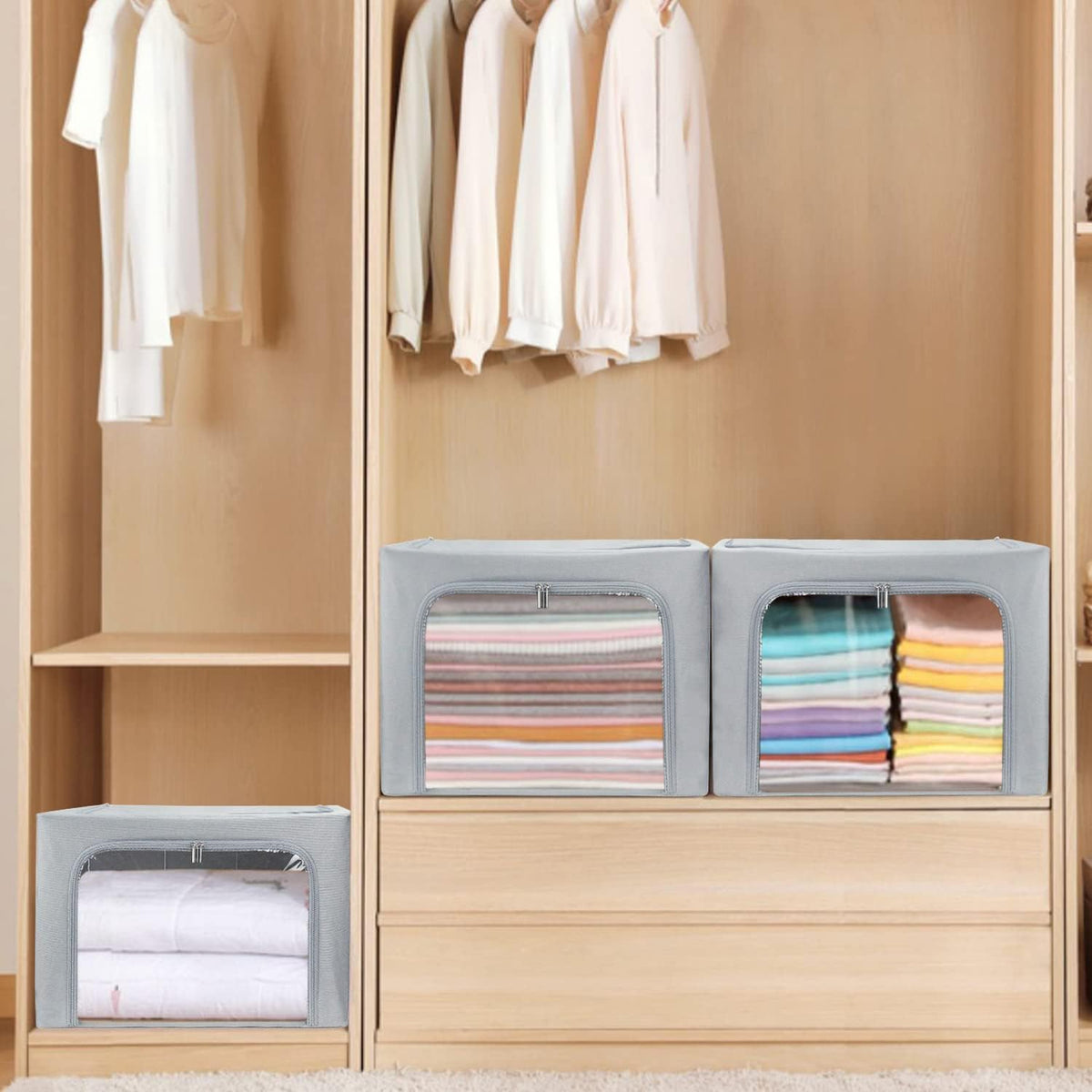 Clothes Storage Box Bins Stackable Foldable Organizer,Sturdy Handles with Metal Frame for Clothing Bedding Shelves,Closet Container with Clear Window Zipper and Label Holder (Gray, 66L x3 Pack)