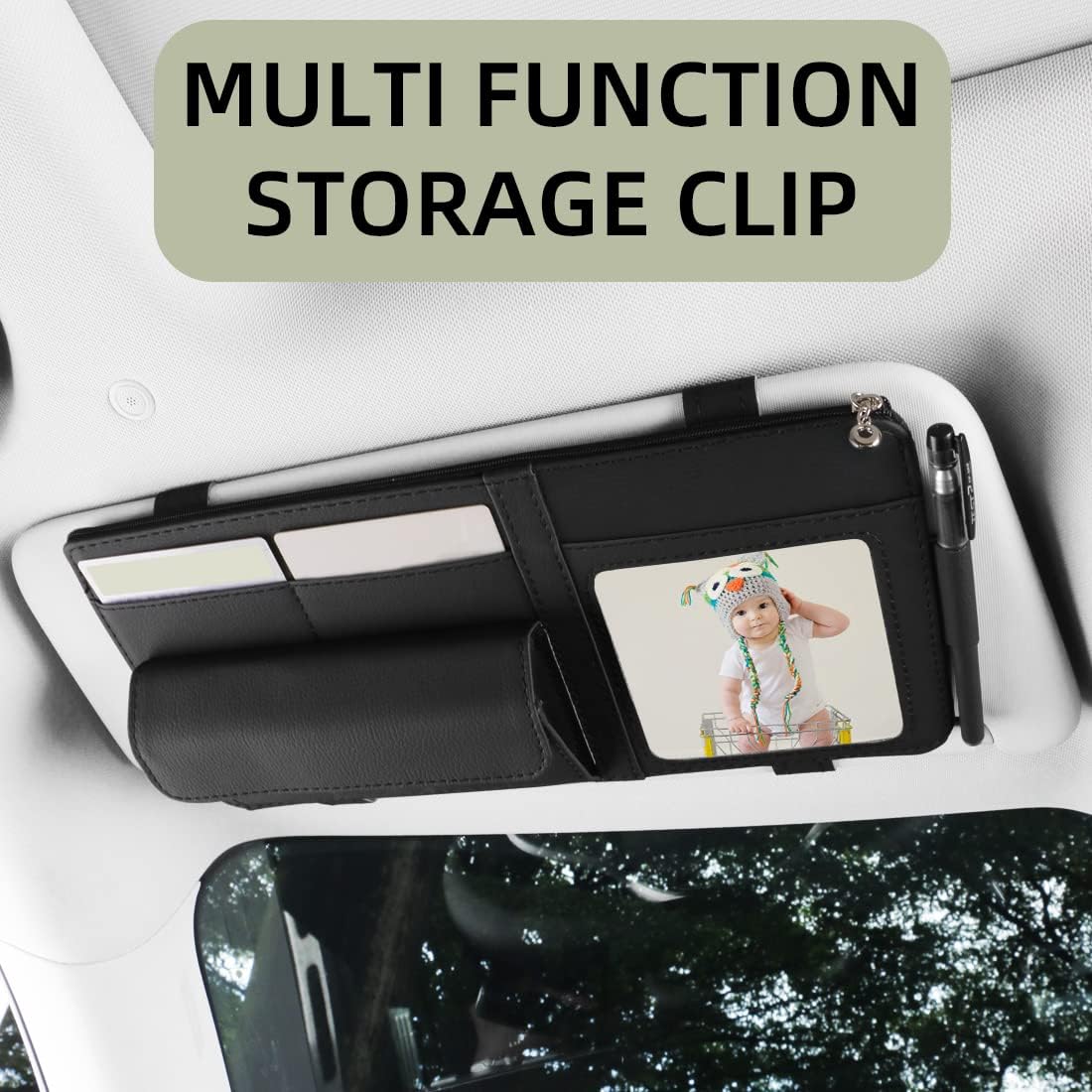Black Car Sun Visor Organizer, Leather Visor Holder with Photo Frame