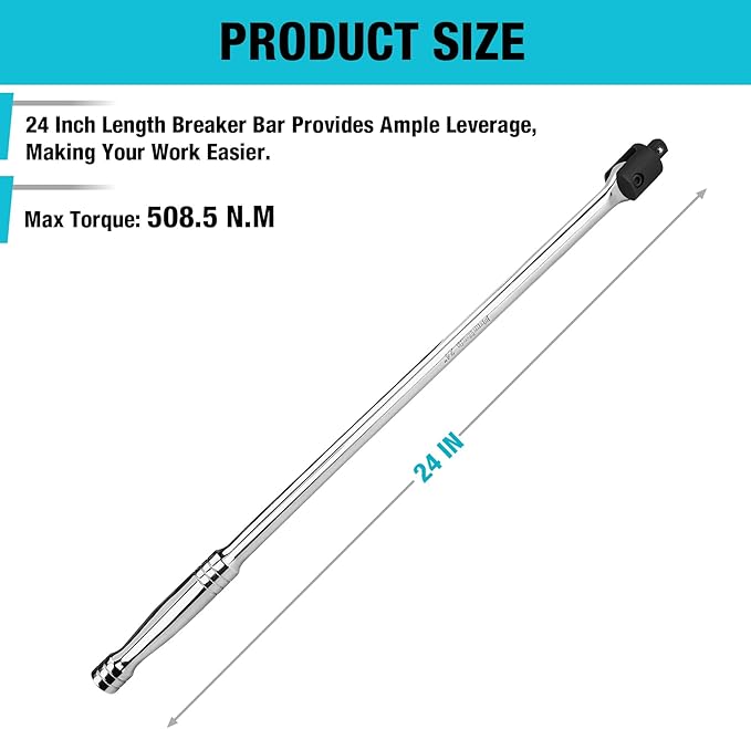 DURATECH Breaker Bar, 1/2'' Drive 24-Inch Breaker Bars Heavy Duty, with 240° Flex Head, Spring-loaded Detent Ball, Premium Chrome Alloy Made