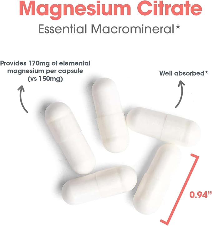 Allergy Research Group Magnesium Citrate Dietary Supplement - Bone & Stress Support, Well-Absorbed, Hypoallergenic, Vegetarian Capsules - 90 Count