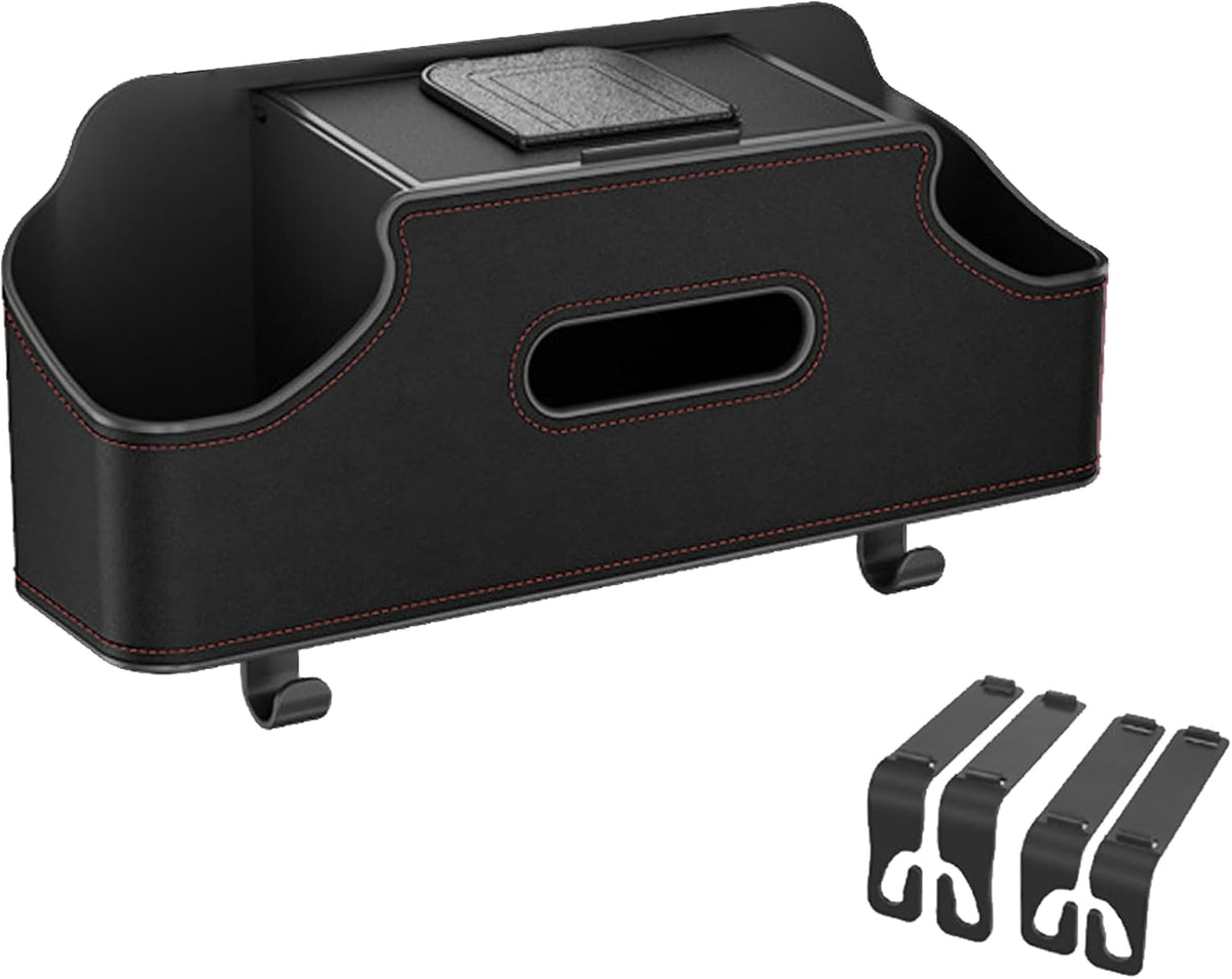Car Headrest Backseat Organizer, Multi-Functional Vehicle Headrest Hanging Storage Box with Hook Cup Phone Holder Tissue Box, Universal Automotive Interior Seat Back Organizer (Black)