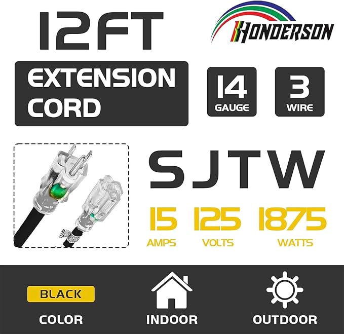 Indoor Outdoor Extension Cord Weatherproof with Lighted End, UL Certified, 14 Gauge 12FT Black 3 Prong Heavy Duty, 14/3 SJTW 15A Power Cord for Outdoor Lights, Lawn