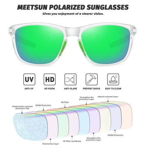 MEETSUN Polarized Sports Sunglasses for Women Men Driving Running Cycling Fishing Sun Glasses UV400 Protection Transparent Frame-Green Mirror Lens