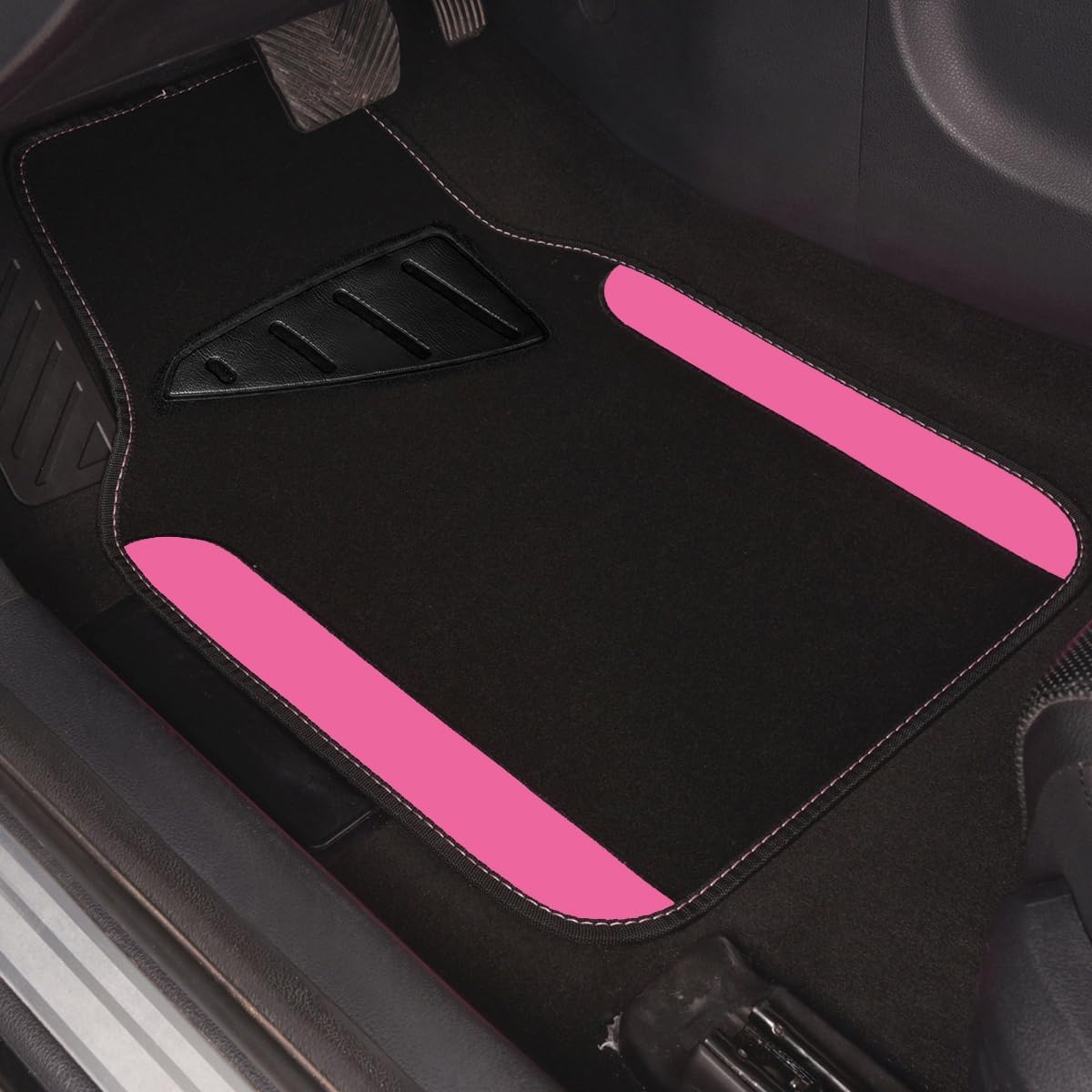 CAR PASS Rainbow Waterproof Universal Fit Faux Leather Car Carpet- Anti-Slip Nibbed Backing Floor Mats for SUV, Vans,Sedans,Trucks, Automotive Set of 4 for Women&Cute Girly (Black with Pink)