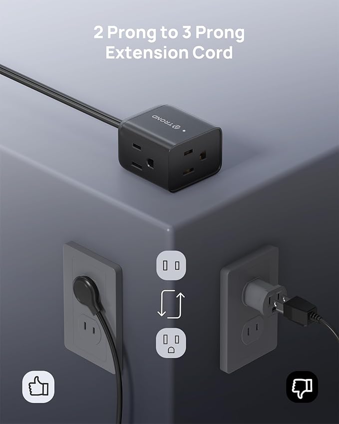 TROND Indoor 2 Prong to 3 Prong Extension Cord 1.5ft - Polarized Flat Plug for Behind Furniture, Small 3 Way Outlet Extender for Non-Grounded Socket in Old House Home Office Kitchen Travel, Black