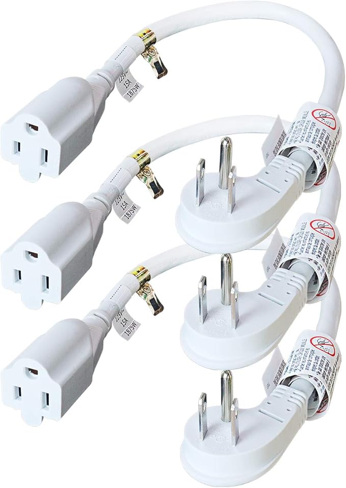 FIRMERST 1875W Flat Plug 1Ft Extension Cord 15A for Home Appliance White (3 Packs)