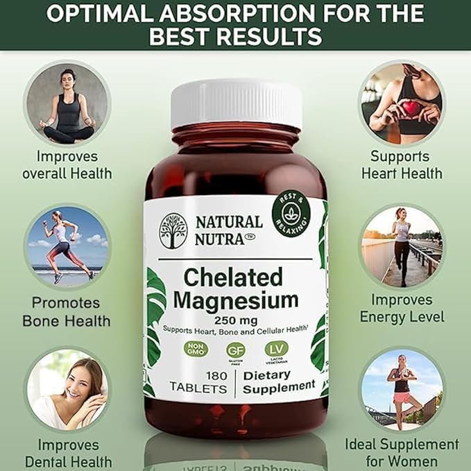 Natural Nutra Chelated Magnesium Oxide 250 mg - High Absorption for Strong Bones, Heart Health, Energy Boost, Gluten-Free, Non-GMO, 180 Tablets (2 Pack) in BPA-Free Recyclable Glass Bottles