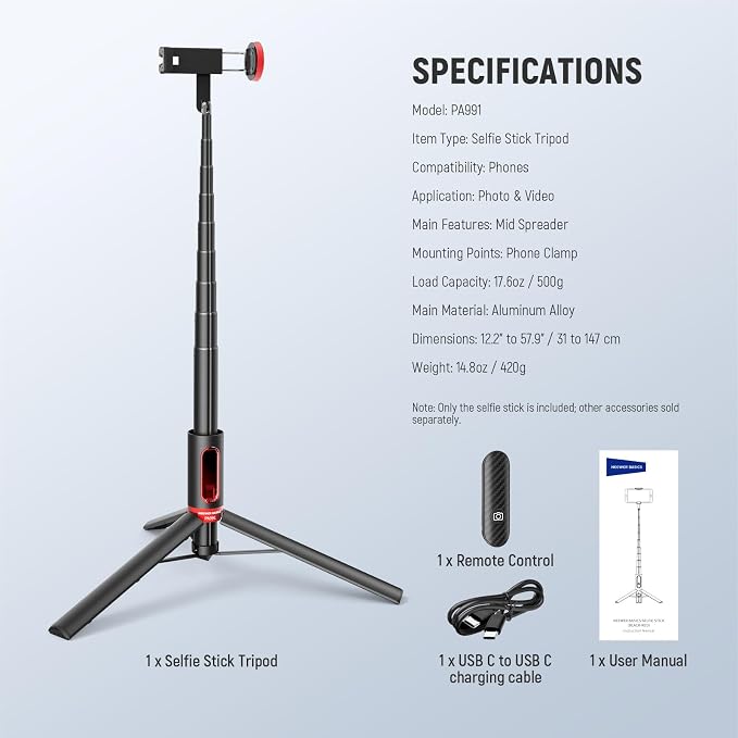 NEEWER Basics PA991 Selfie Stick Tripod Compatible