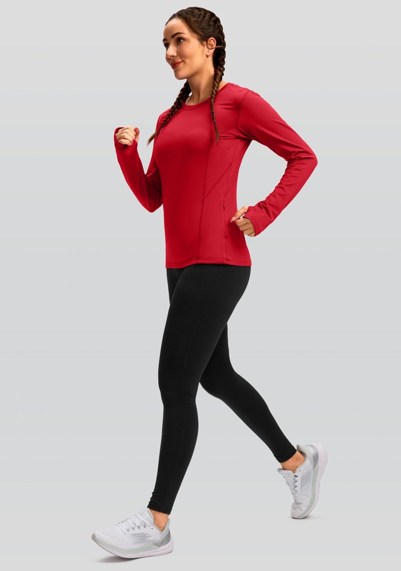 Women's Thermal Fleece Tops Long Sleeve Workout Shirts Running Athletic Base Layer with Thumb Holes Zipper Pocket(Red,S)