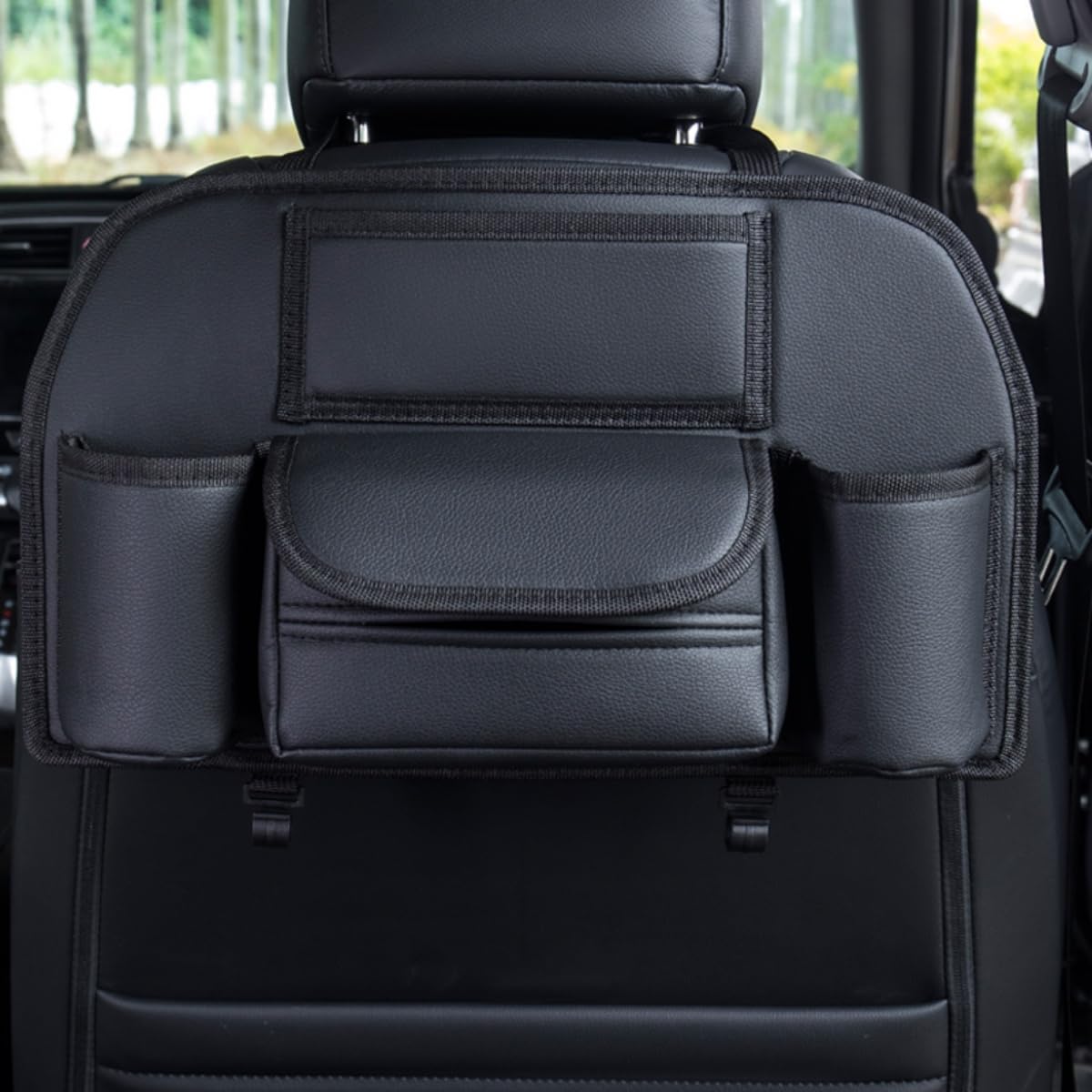 Car Seat Back Organizer PU Leather Storage Bag with Tissue Holder Pocket