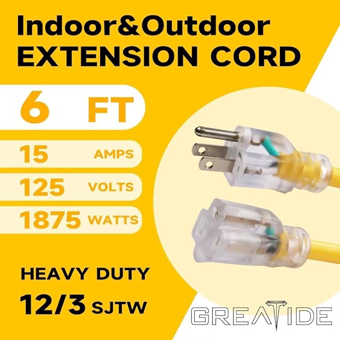 Outdoor Extension Cord with Lighted End, 12 Gauge Heavy Duty 6 FT, 3 Prong Grounded 15 Amp Extension Cord, 12/3 SJTW Waterproof Power Cord for Appliance, UL Listed, Yellow