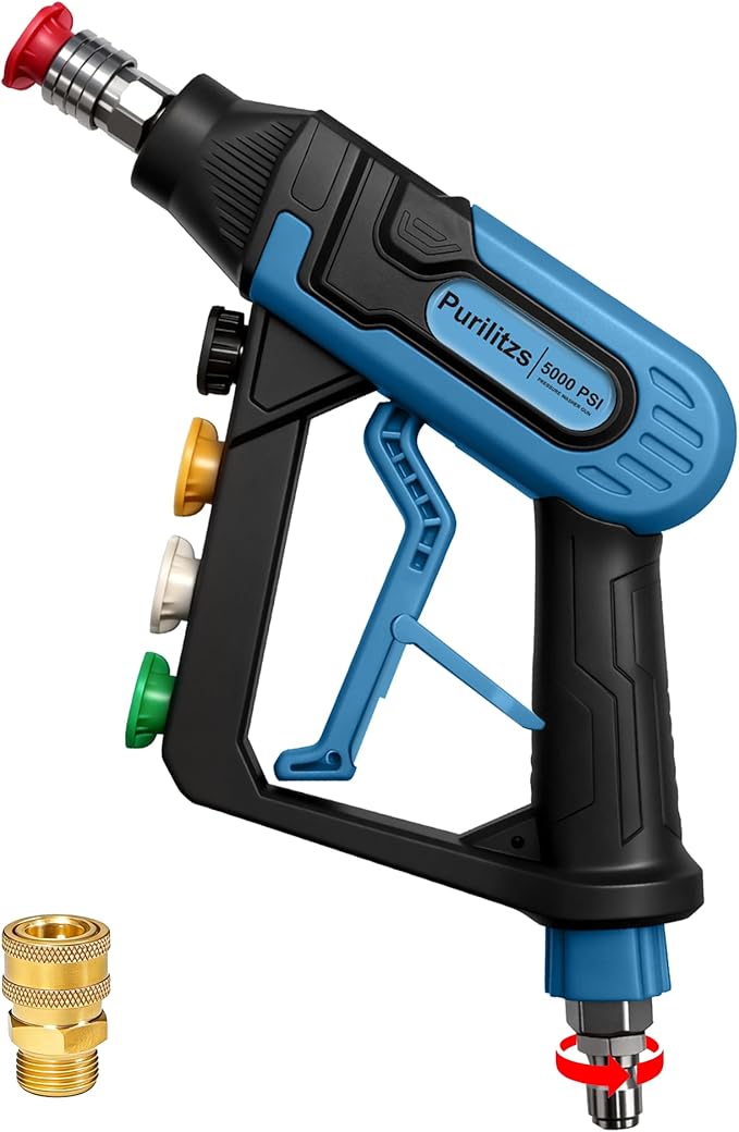 5000 PSI Pressure Washer Gun with Swivel 3/8" Plug & M22 Coupler, Short Power Washing Gun with 5 Nozzle Tips, 1/4" Quick Connect Outlet for Foam Cannon Car Wash